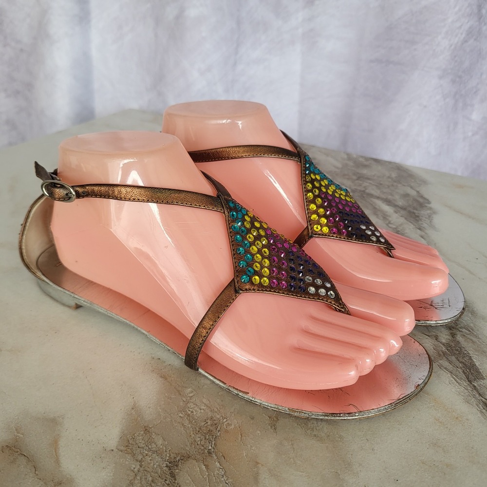 Giuseppe Zanotti Crystal-Embellished Leather T-strap Sandals Size 38.5 Bronze